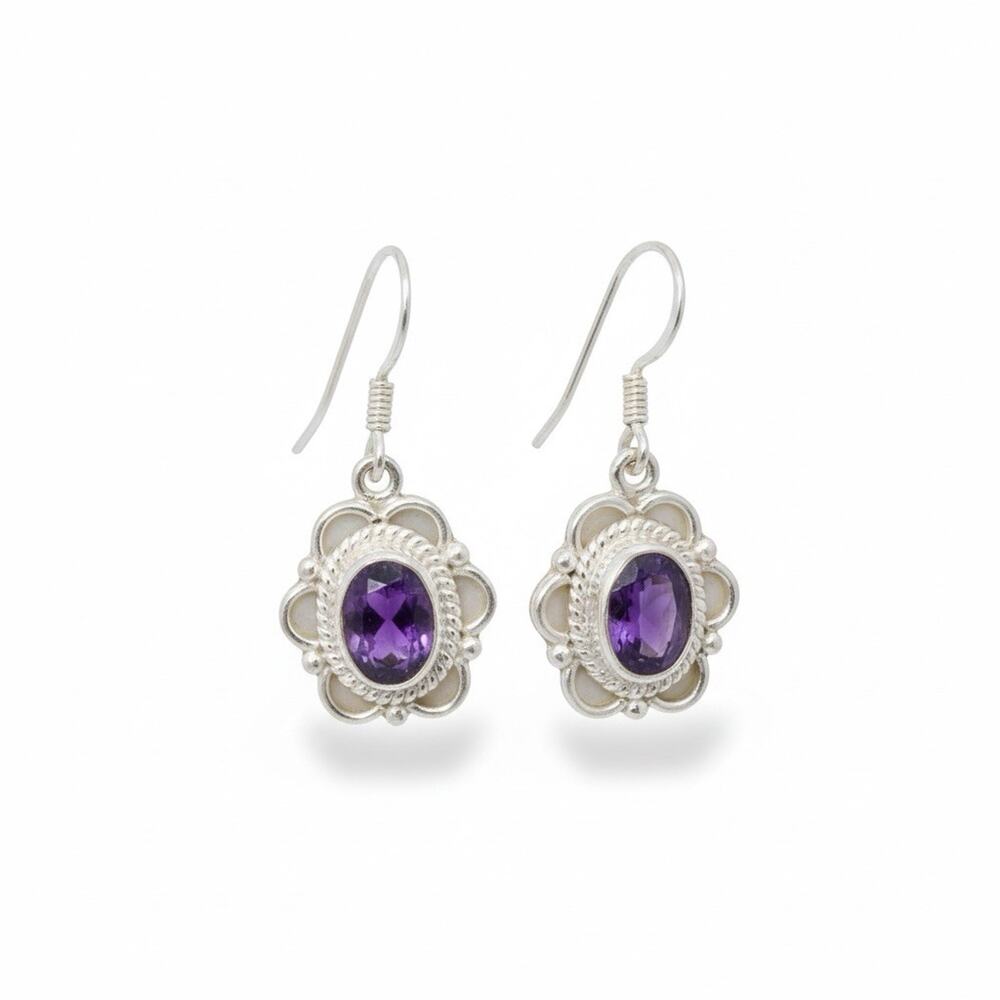 JEWELRY SOLID 925 STERLING SILVER DANGLE EARRINGS NATURAL AMYTHEST VINTAGE